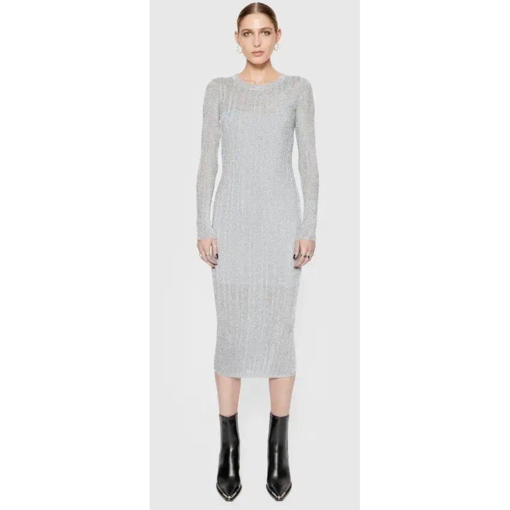 Rebecca Minkoff Silver Metallic Ribbed Knit Long Sleeve Midi Dress Large NEW